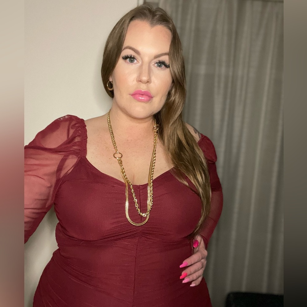 Maroon Ruched Midi Dress, XL